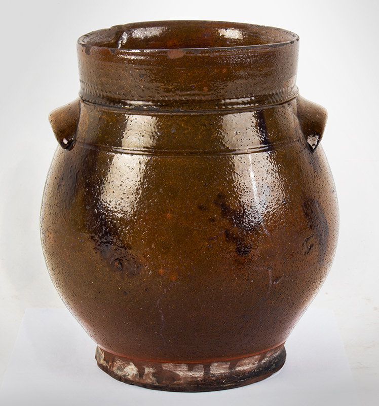 Ovoid Redware Jar with Coggle Wheel Decoration at Shoulder, entire view