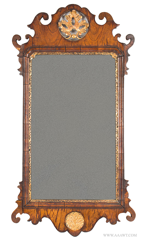 Mirror, Queen Anne Looking Glass, Pierced Scroll Crest, Parcel Gilt, Molded Slip, Image 1