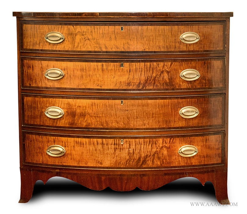 Antique Mahogany and Bold Curly Maple, Bow Front Chest, Image 1