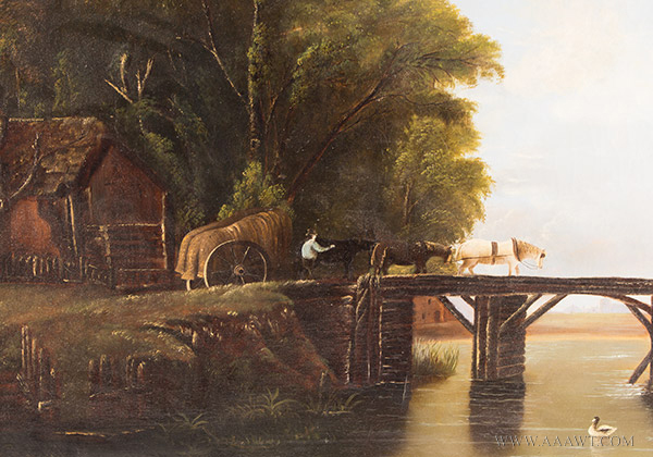 Horse Drawn Wagon Crossing Bridge over River, Landscape Painting, detail view