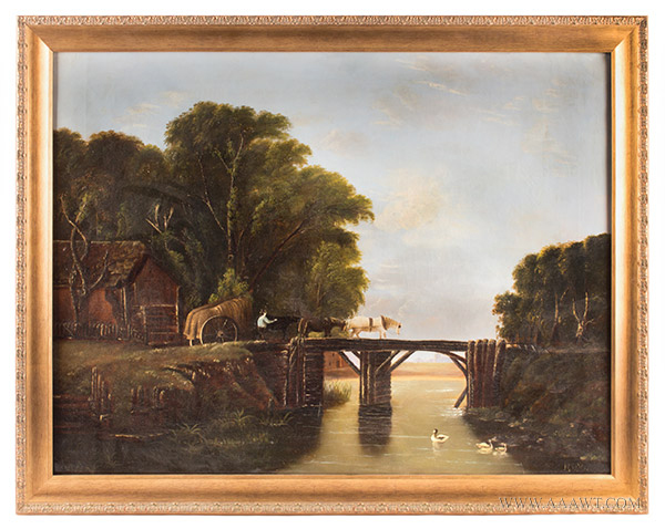 Horse Drawn Wagon Crossing Bridge over River, Landscape Painting, entire view