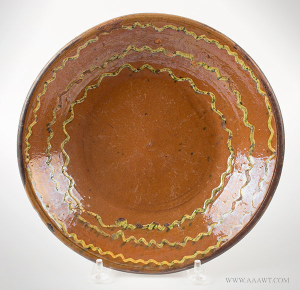 Redware Pan, Nathaniel Seymour Pottery, Wheel Thrown, Yellow Wavy Slip with Green Flecks, Image 1