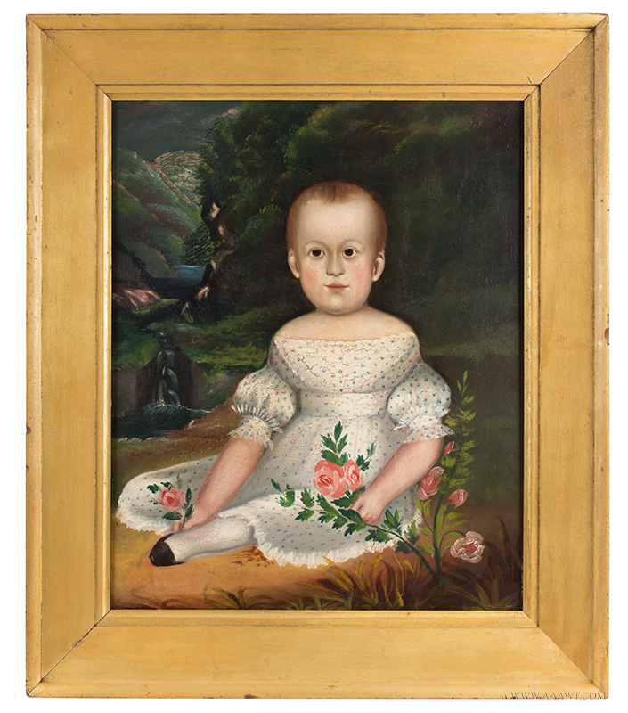 Folk Art Portrait, Child in White Dress Seated in Landscape with Waterfalls, Image 1