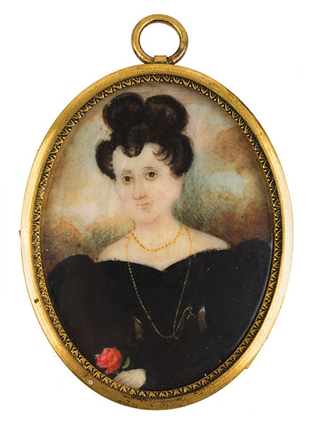 Miniature Portrait, Lady Holding Rose, Attributed to Abraham Parcell (1791-1856) Born in New Jersey, Painted in New York City, entire view
