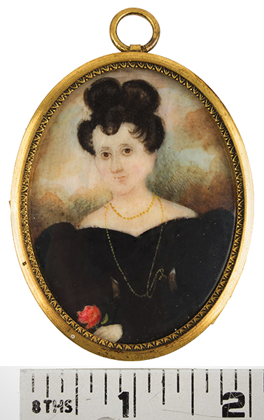 Miniature Portrait, Lady Holding Rose, Attributed to Abraham Parcell (1791-1856) Born in New Jersey, Painted in New York City, ruler view