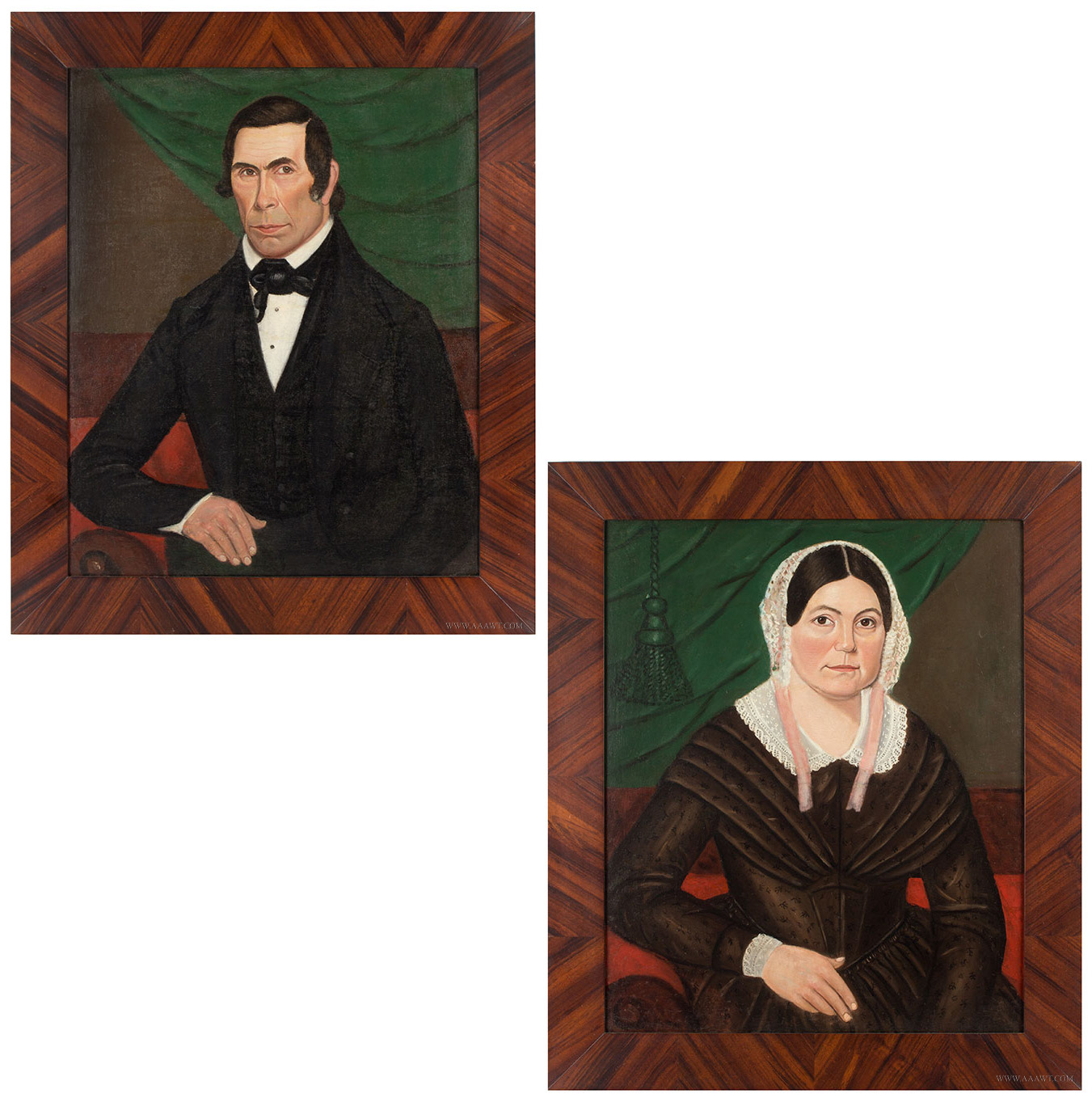 Pair of Folk Portraits of a Lady and Gentleman, Attrib. Jacob Bailey Moore Probably New Hampshire, circa 1845 , Image 1