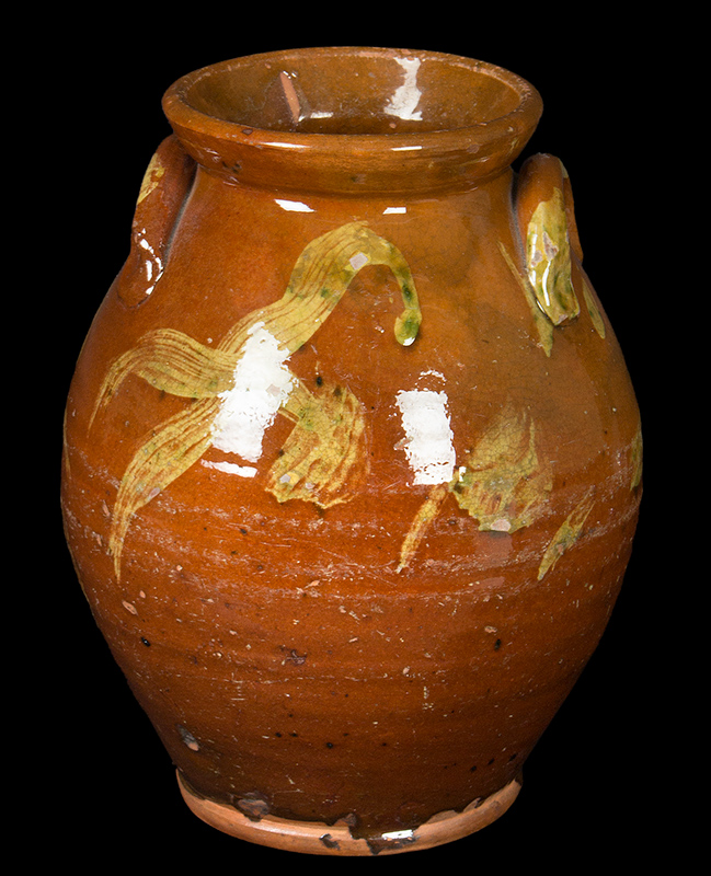 Redware Jar, Lug Handles, Broadly Brushed Slip Decoration Probably Nathaniel Seymour, Harford, Connecticut, entire view
