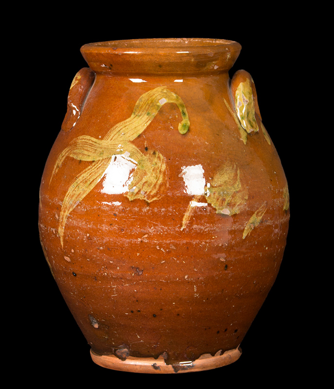 Redware Jar, Lug Handles, Broadly Brushed Slip Decoration Probably Nathaniel Seymour, Harford, Connecticut, entire view 2