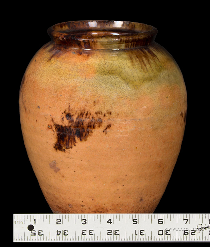 Redware Jar, Bristol County, Massachusetts, Unusual Color Combination, scale view