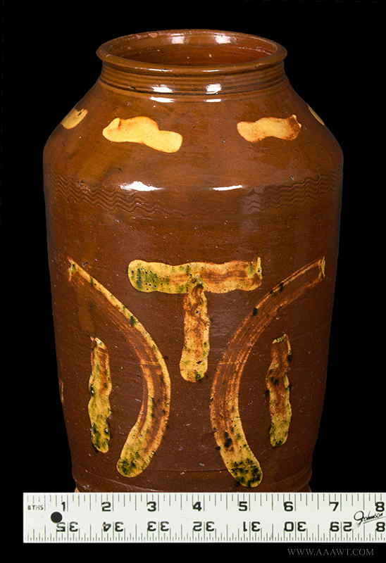 Redware Jar, Highly Stylized Decoration, Incised Rings to Neck, Wavy Lines Beneath Shoulder, Probably Connecticut and by Nathaniel Seymour Form Is Similar to Other West Harford Pieces, scale view