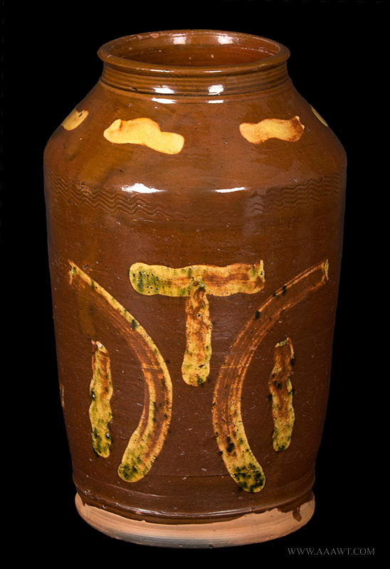 Redware Jar, Highly Stylized Decoration, Incised Rings to Neck, Wavy Lines Beneath Shoulder, Probably Connecticut and by Nathaniel Seymour Form Is Similar to Other West Harford Pieces, entire view 2