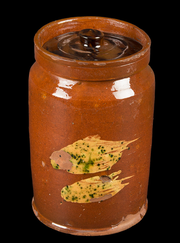 Fine Cylindrical Redware Jar, Two Abstract Fish-Design, Image 1