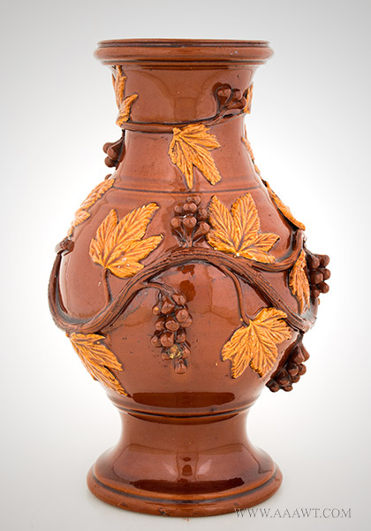 Redware Jug, Vase, Applied Molded Vine, Leaf and Berries Decoration, Image 1
