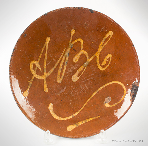 Redware Plate, Coggled Rim, Yellow Slip Decoration, ABC above Scroll and Dash, Image 1