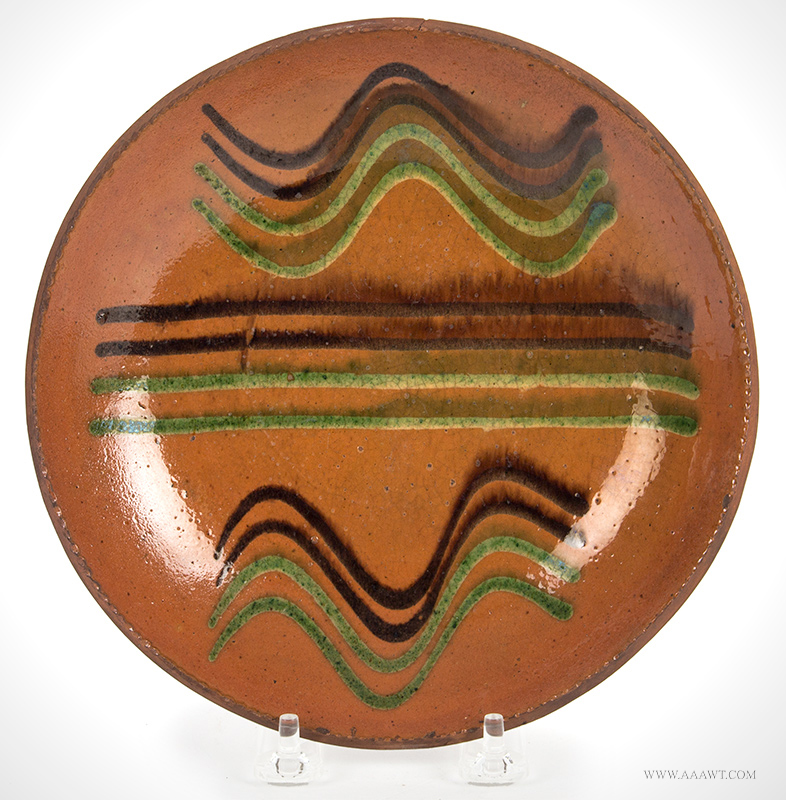 Redware Dish, Dryville Pottery, Pennsylvania, Green and Brown Four Quill Slip, Image 1