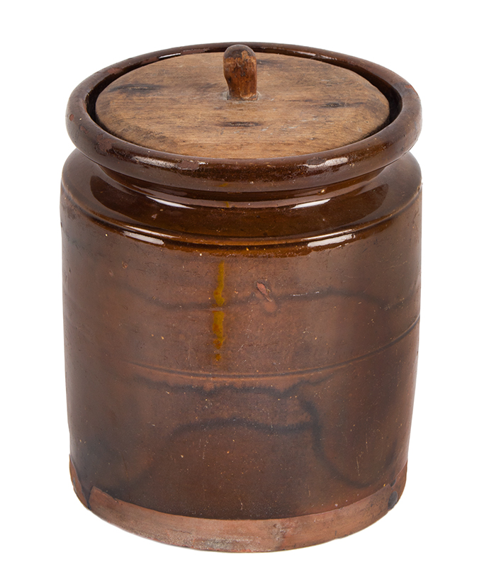 Redware Jar, Crock with Period Pine Cover, Carved Knob, Cork Lid Base, Image 1