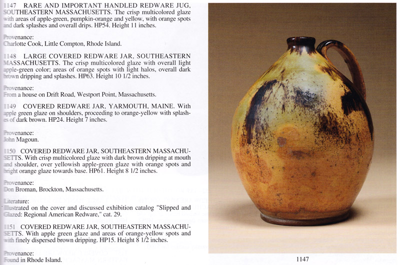 Redware Jug, The Finest Known to Exist, Bristol County, Massachusetts, catalog scan