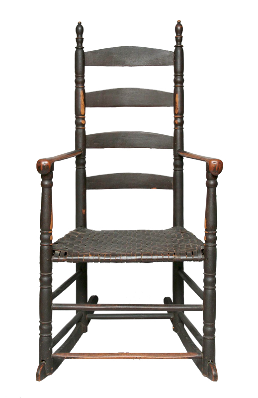 Ladder Back Rocking Chair, Human Effigy Arm Terminuses Extraordinary Example of Colonial and Native American Collaboration The arm terminals carved with faces are in the manner of the Penobscot Indians Coastal New England, Likely New Hampshire, or Maine, entire view 2