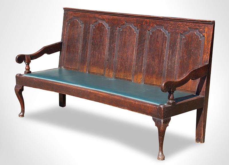 18th Century Settle Bench, George III, Fielded Panels, Great Color & Patina Cheshire, South Lancashire, England, entire view 2