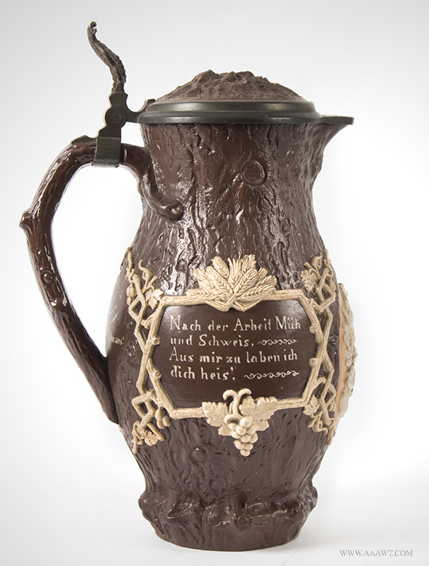 Villeroy and Boch Mettlach Pitcher #1028, Tree Trunk Form Lidded Harvest Pitcher, Image 1