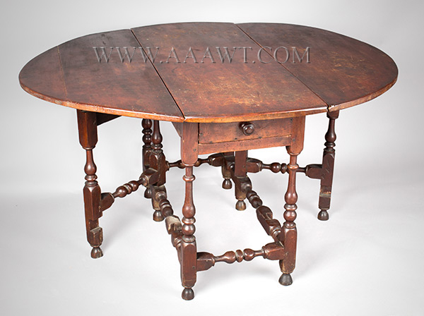 Outstanding and Important Gateleg Table, Classic RI Turnings, Original Red<br />
Rhode Island, Circa 1710 to 1740, Image 1