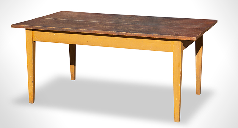 Antique, Shaker Work or Dining Table, Hancock Shaker Village, circa 1830-1850 
Original Yellow Mustard Paint, Scrubbed Natural Top Displaying Rich Patina, entire view 1