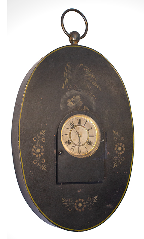 19th Century Wall Clock, Trade Sign, Oval, Stenciled Eagle & Floral Motif, Image 1