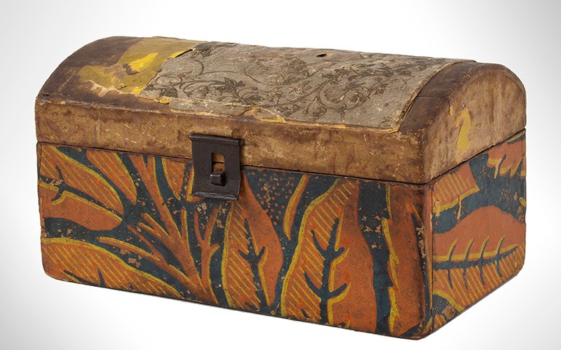 Box, Small Wallpapered Dome Top Trunk Probably Pennsylvania, 19th Century, entire view