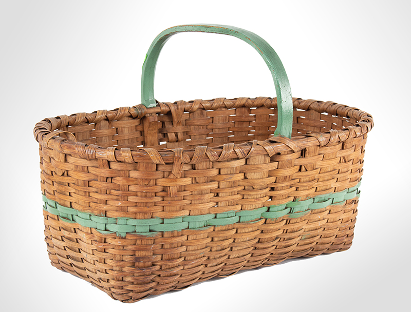 Antique Work Basket, Ash Splint, Painted Green Stripe and Handle, Image 1