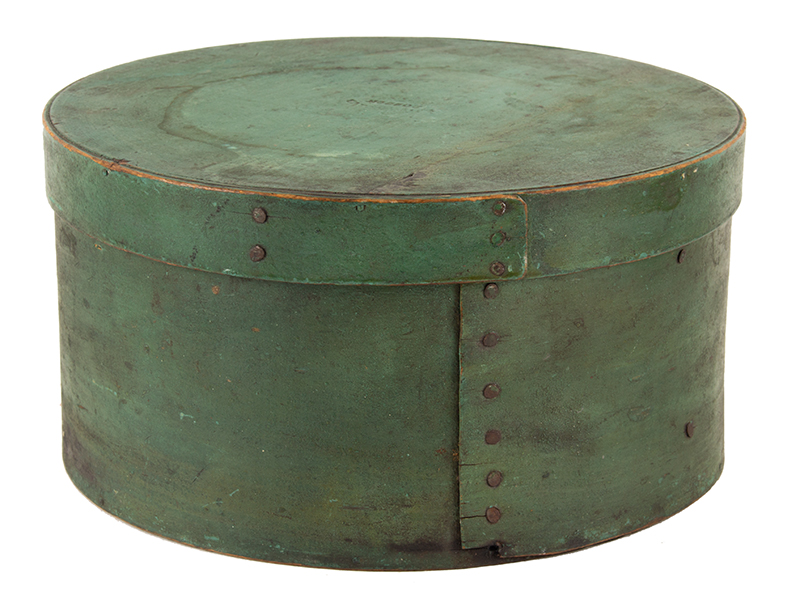 Pantry Box, Original Apple Green Paint, Lid Impressed BOSTON, 19th C, entire view