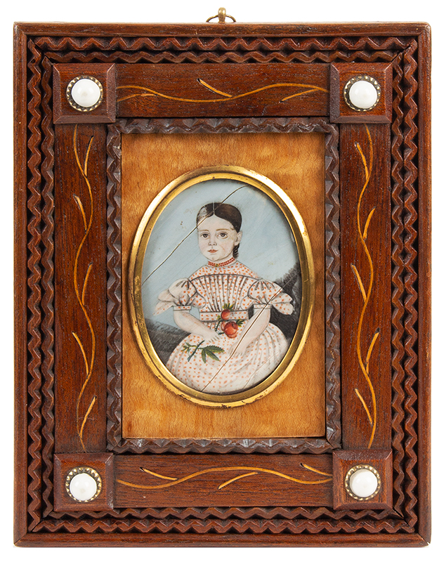 Miniature Portrait of Young Girl, Inspired Unique Carved & Inlayed Frame, Image 1