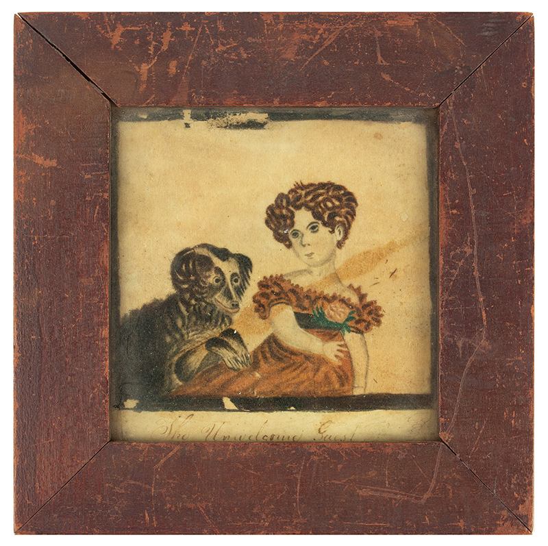 19th Century Folk Art, The Unwelcome Guest, Girl Holding Rose with Dog, Image 1