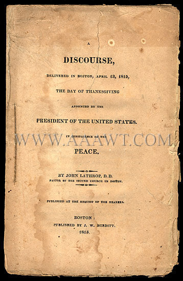 Pamphlet, Day of Thanksgiving Commemorating End of War of 1812, Image 1