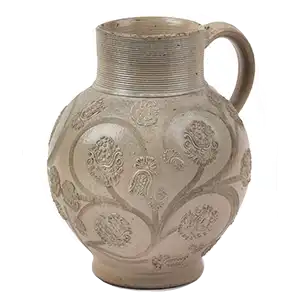 Westerwald Salt Glazed White Stoneware Jug, Incised & Applied Decoration. Sprigged with Foliate Designs, Rouletted Neck. Circa 1690