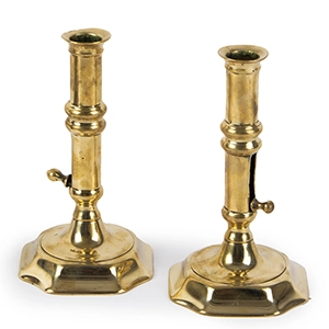 Candlesticks, Pair, Queen Anne, Notched Corners, Pushup Ejection Mechanism
