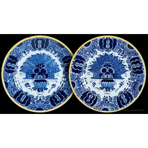 Dutch Delft Peacock Pattern Dishes, Pair, Yellow Enameled Rims