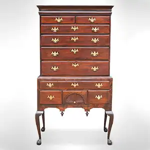 Antique Highboy, Fan Carved, Claw and Ball Feet, Old Surface, Walnut. North Shore Massachusetts, 1750 to 1760