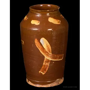 Redware Jar, Highly Stylized Decoration, Incised Rings to Neck, Wavy Lines