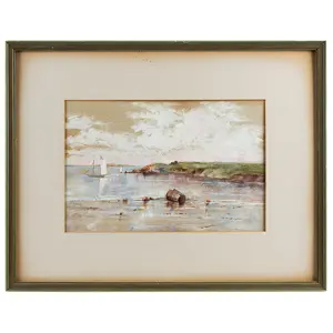 Vintage Pastel on Paper, Summer Sailboats - Tidal Landscape