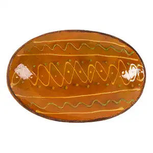 Redware Loaf Dish, Yellow & Green Wavy, Strait and Dot Slip Decoration