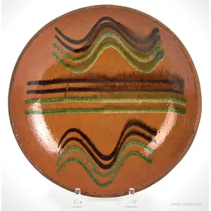 Redware Dish, Dryville Pottery, Pennsylvania, Green and Brown Four Quill Slip