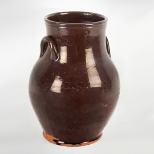 Ovoid Redware Jar, Handled, Gracefully Potted, Dark Brown Glaze