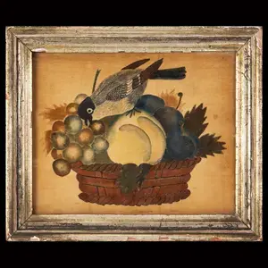 Watercolor Theorem, Small Still Life, Fruits & Bird in Basket, Original Condition