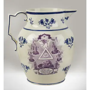 Staffordshire Jug, Large Pitcher, Masonic Symbols & Motto, Purple Transfer, 1800-1815