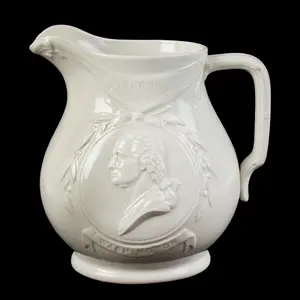 Stoneware Pitcher, Portrait of Washington & Crossed Flags, Molded in Relief 