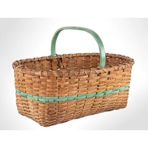 Antique Work Basket, Ash Splint, Painted Green Stripe and Handle
