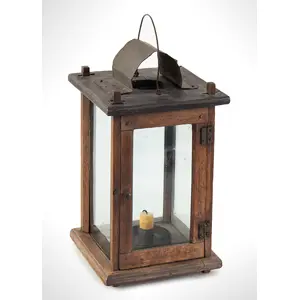 Early American Candle Lantern, Wood Frame, Glazed, Tin Socket & Drip Pan