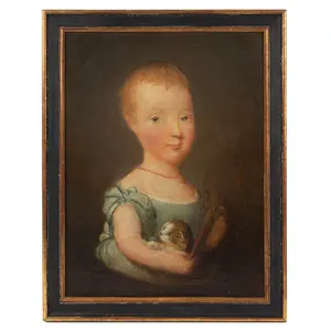Folk Art Portrait, Child in Blue Dress Holding Adorable Kitten