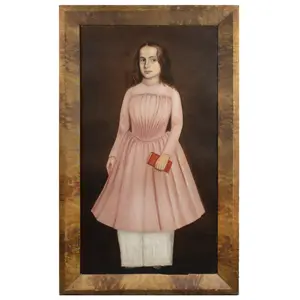 Folk Portrait of a Girl in a Pink Dress Holding a Red Book, Full-length 
