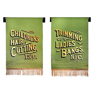 Vintage Trade Signs for Windows, Painted on Canvas, Tassel Trim
